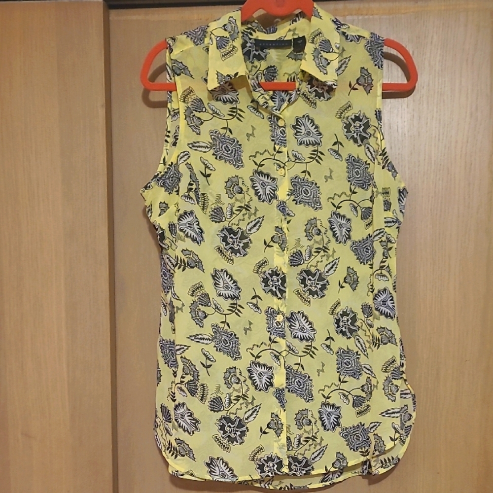 Floral Shear Yellow with Black Floral n Designs Sleeveless Top, L